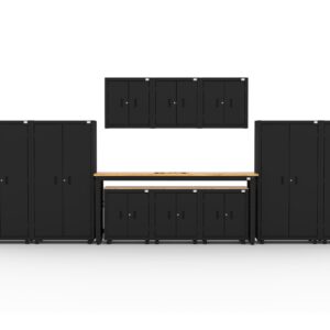 CAT storage cabinet set with 4 lockers, 3 wall cabinets, 3 base cabinets and 96 inch top