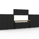 CAT storage cabinet set with 4 lockers, 3 wall cabinets, 3 base cabinets and 96 inch top