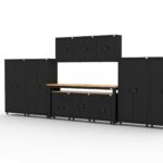 Garage storage cabinets with 4 lockers, 3 wall cabinets, 1 base cabinet, 2 drawer-base cabinets and 96 inch workbench