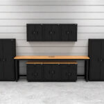 Garage storage cabinets with 4 lockers, 3 wall cabinets, 1 base cabinet, 2 drawer-base cabinets and 96 inch workbench
