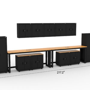 Garage storage cabinets with 2 lockers, 5 wall cabinets, 4 base cabinets and dual 72 inch workbenches