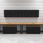 Garage storage cabinets with 2 lockers, 5 wall cabinets, 4 base cabinets and dual 72 inch workbenches