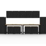 Garage storage cabinets with 2 lockers, 5 wall cabinets, 4 base cabinets and dual 72 inch workbenches