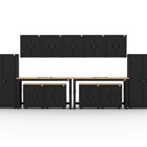 Garage storage cabinets with 2 lockers, 5 wall cabinets, 4 base cabinets and dual 72 inch workbenches