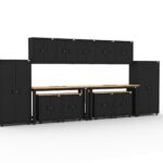 Garage storage cabinets with 2 lockers, 5 wall cabinets, 4 base cabinets and dual 72 inch workbenches