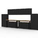 Garage storage cabinets with 2 lockers, 5 wall cabinets, 2 base cabinets, 2 drawer-base cabinets and dual 72 inch workbenches