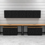 Garage storage cabinets with 2 lockers, 5 wall cabinets, 2 base cabinets, 2 drawer-base cabinets and dual 72 inch workbenches