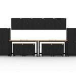 Garage storage cabinets with 2 lockers, 5 wall cabinets, 2 base cabinets, 2 drawer-base cabinets and dual 72 inch workbenches