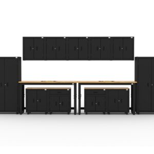 Garage storage cabinets with 2 lockers, 5 wall cabinets, 2 base cabinets, 2 drawer-base cabinets and dual 72 inch workbenches