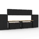 Garage storage cabinets with 2 lockers, 5 wall cabinets, 2 base cabinets, 2 drawer-base cabinets and dual 72 inch workbenches
