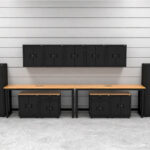 Garage storage cabinets with lockers, wall cabinets, base cabinets, 1-drawer 2-door base cabinets and dual 72 inch workbenches
