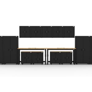 Garage storage cabinets with lockers, wall cabinets, base cabinets, 1-drawer 2-door base cabinets and dual 72 inch workbenches