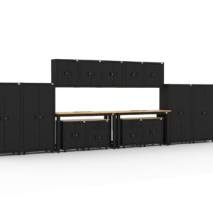 Garage storage cabinets with lockers, wall cabinets, base cabinets, 1-drawer 2-door base cabinets and dual 72 inch workbenches