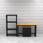 Garage storage cabinets with 1 base cabinet, 1 shelving unit and 48 inch workbench