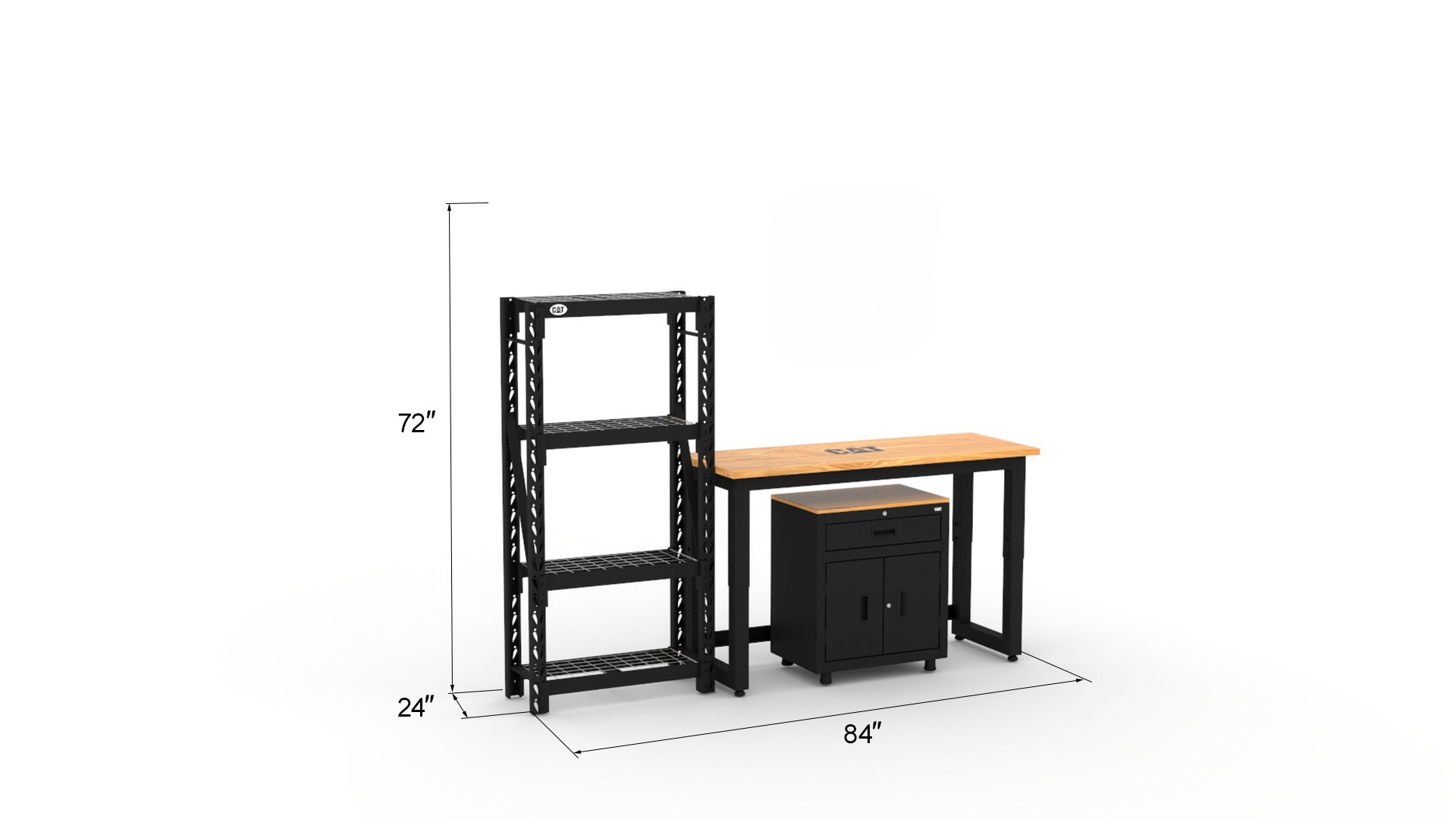 CAT-RTASETZ_dims Garage storage cabinets with 1-drawer 2-door base cabinet, shelving unit and 48 inch workbench