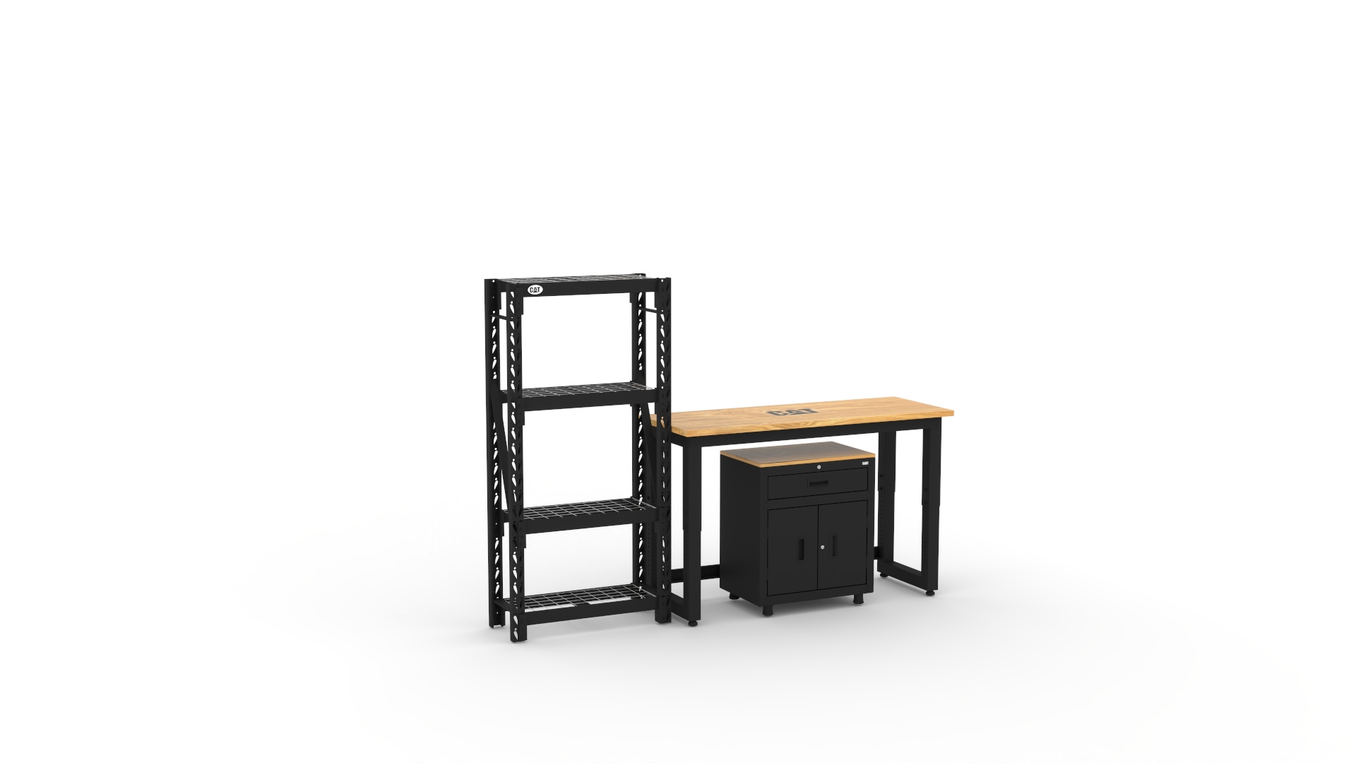 CAT-RTASETZ_left Garage storage cabinets with 1-drawer 2-door base cabinet, shelving unit and 48 inch workbench