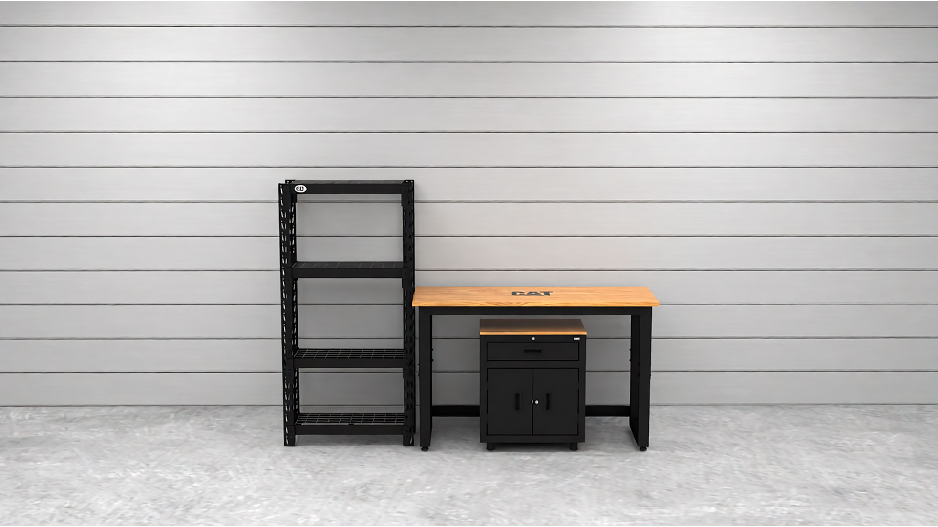 CAT-RTASETZ_lifestyle Garage storage cabinets with 1-drawer 2-door base cabinet, shelving unit and 48 inch workbench