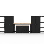 Garage storage cabinets with 2 lockers, 1 base cabinet, 1 drawer-base cabinet, 2 shelving units and 72 inch workbench