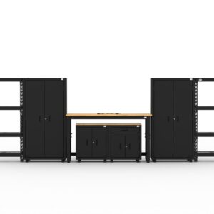 Garage storage cabinets with 2 lockers, 1 base cabinet, 1 drawer-base cabinet, 2 shelving units and 72 inch workbench