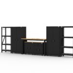 Garage storage cabinets with 2 lockers, 1 base cabinet, 1 drawer-base cabinet, 2 shelving units and 72 inch workbench
