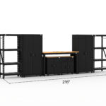 Garage storage cabinets with 2 lockers, 1 base cabinet, 1 drawer-base cabinet, 2 shelving units and 72 inch workbench