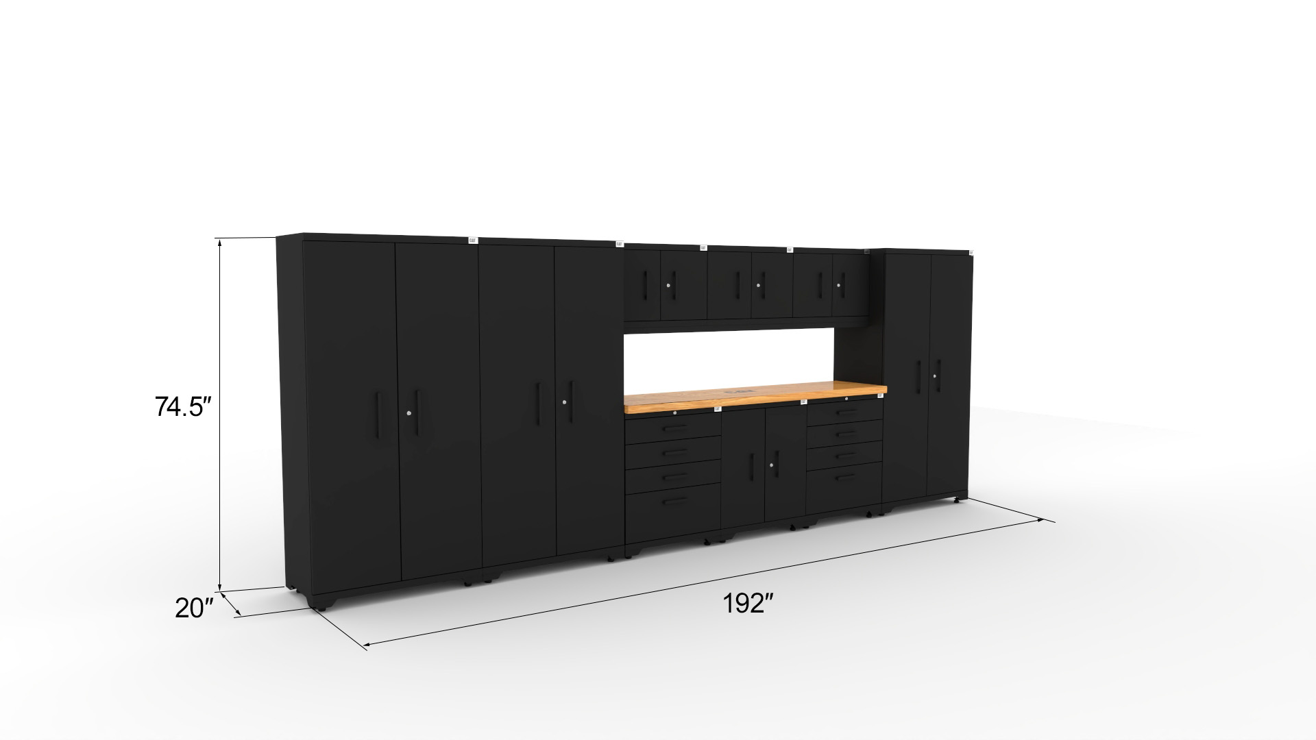 CAT-FWSETAZ_dims CAT fully-welded garage storage cabinets with 3 lockers, 3 wall cabinets and 2 tool cabinets