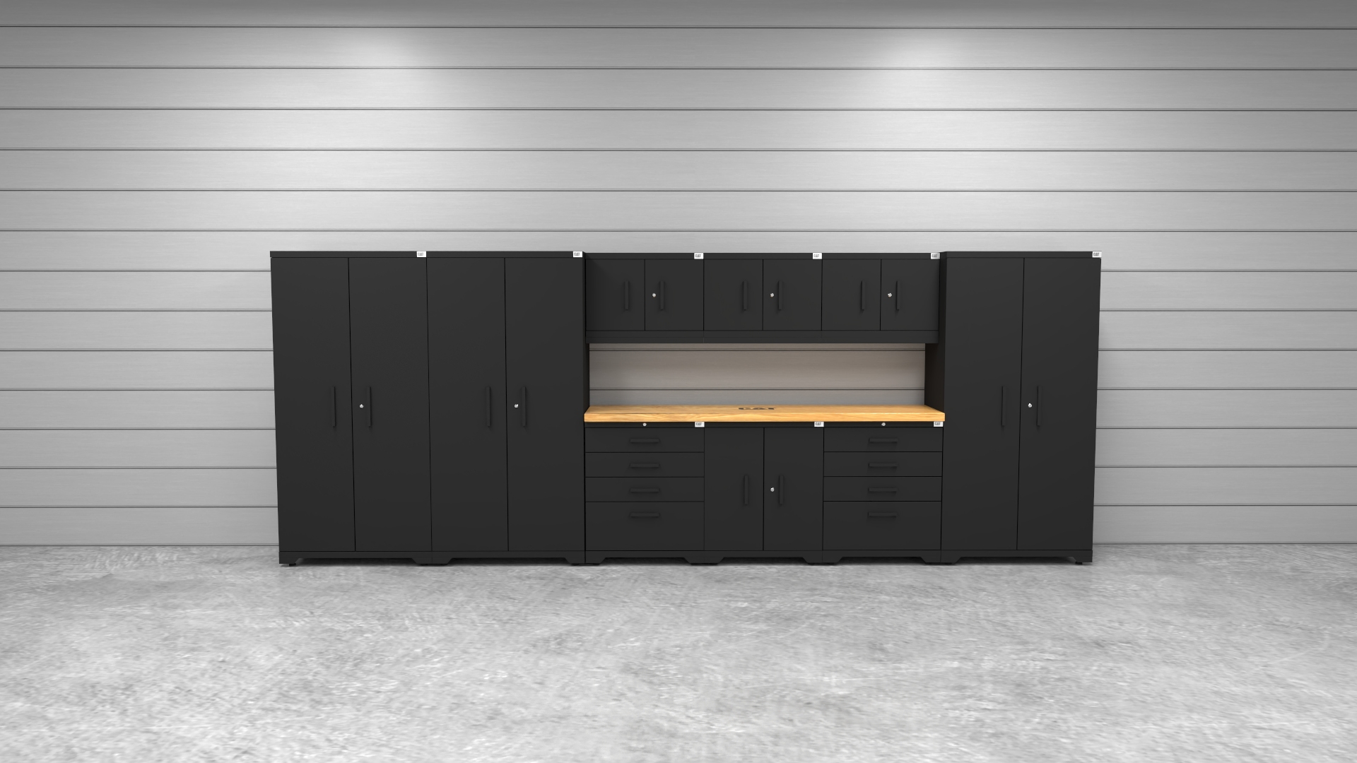 CAT-FWSETAZ_lifestyle CAT fully-welded garage storage cabinets with 3 lockers, 3 wall cabinets and 2 tool cabinets