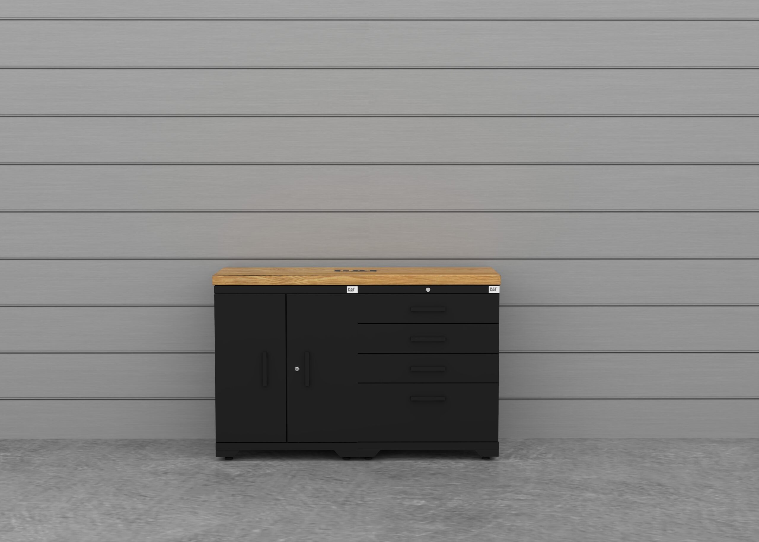 CAT-FWSETMZ_lifestyle CAT-FWSETMZ steel garage storage system with 56 inch solid wood worktop