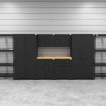 Garage storage cabinets with 2 lockers, 2 wall cabinets, 1 base cabinet, 1 tool cabinet, 2 shelving units and 56 inch solid wood worktop