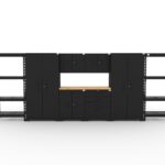 Garage storage cabinets with 2 lockers, 2 wall cabinets, 1 base cabinet, 1 tool cabinet, 2 shelving units and 56 inch solid wood worktop