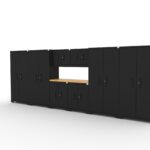 Garage storage cabinets with 4 lockers, 2 wall cabinets, 2 base cabinets and 56 inch solid wood worktop