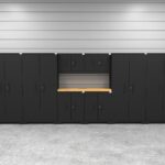 Garage storage cabinets with 4 lockers, 2 wall cabinets, 2 base cabinets and 56 inch solid wood worktop