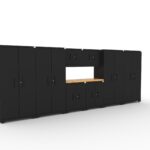 Garage storage cabinets with 4 lockers, 2 wall cabinets, 2 base cabinets and 56 inch solid wood worktop