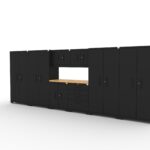 Garage storage cabinets with 2 lockers, 2 wall cabinets, 1 base cabinet, 1 tool cabinet and 56 inch solid wood worktop