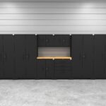 Garage storage cabinets with 2 lockers, 2 wall cabinets, 1 base cabinet, 1 tool cabinet and 56 inch solid wood worktop