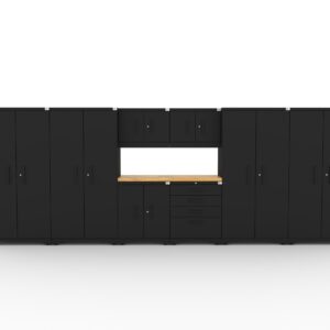 Garage storage cabinets with 2 lockers, 2 wall cabinets, 1 base cabinet, 1 tool cabinet and 56 inch solid wood worktop