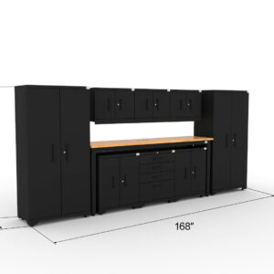 CAT fully-welded garage storage cabinets with 2 lockers, 3 wall cabinets and 2 base cabinets