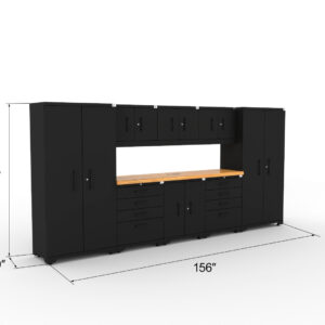 CAT garage storage cabinet set with 2 lockers, 3 wall cabinets, 2 base cabinets, 1 tool cabinet and 84 inch worktop