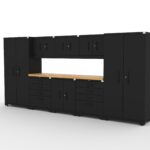 CAT garage storage cabinet set with 2 lockers, 3 wall cabinets, 2 base cabinets, 1 tool cabinet and 84 inch worktop