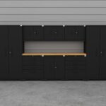 CAT garage storage cabinet set with 2 lockers, 3 wall cabinets, 2 base cabinets, 1 tool cabinet and 84 inch worktop