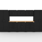 CAT garage storage cabinet set with 2 lockers, 3 wall cabinets, 2 base cabinets, 1 tool cabinet and 84 inch worktop