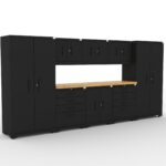 CAT garage storage cabinet set with 2 lockers, 3 wall cabinets, 2 base cabinets, 1 tool cabinet and 84 inch worktop
