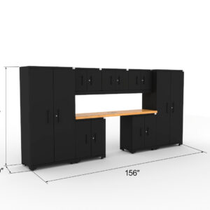 CAT fully-welded garage storage cabinets with 2 lockers, 3 wall cabinets and 2 base cabinets