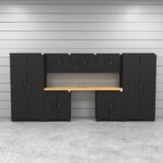 CAT fully-welded garage storage cabinets with 2 lockers, 3 wall cabinets and 2 base cabinets