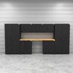 CAT garage storage cabinet set with 2 lockers, 3 wall cabinets, 1 base cabinet, 1 tool cabinet and 84 inch worktop