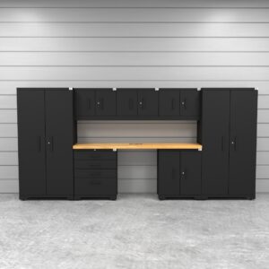 CAT garage storage cabinet set with 2 lockers, 3 wall cabinets, 1 base cabinet, 1 tool cabinet and 84 inch worktop