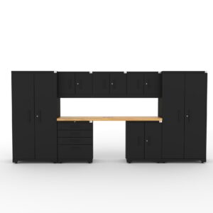 CAT garage storage cabinet set with 2 lockers, 3 wall cabinets, 1 base cabinet, 1 tool cabinet and 84 inch worktop