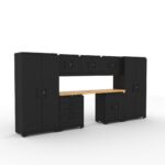 CAT garage storage cabinet set with 2 lockers, 3 wall cabinets, 1 base cabinet, 1 tool cabinet and 84 inch worktop