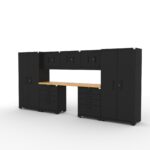 CAT garage storage cabinet set with 2 lockers, 3 wall cabinets, 1 base cabinet, 1 tool cabinet and 84 inch worktop