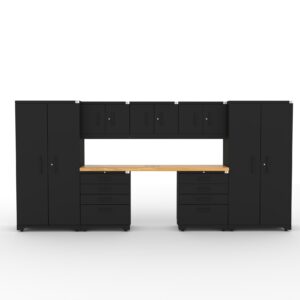 CAT garage storage cabinet set with 2 lockers, 3 wall cabinets, 1 base cabinet, 1 tool cabinet and 84 inch worktop